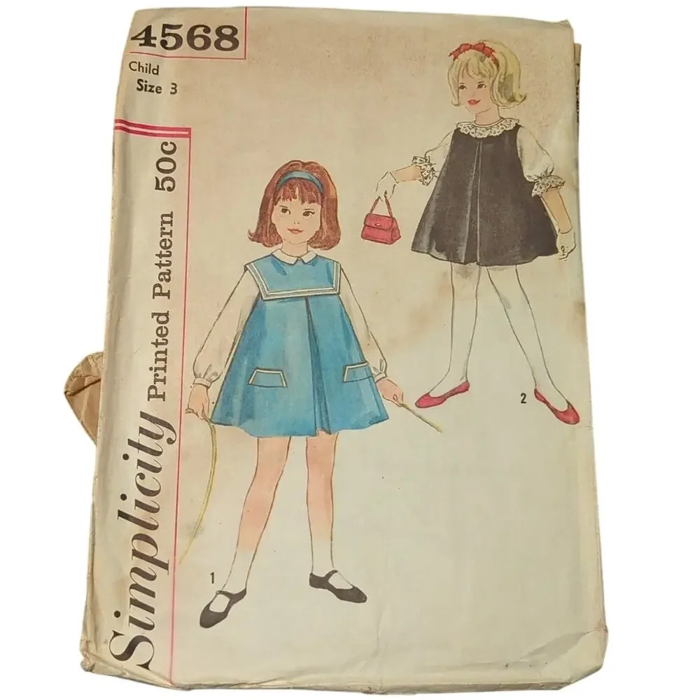 Simplicity 4568 Vintage Sewing Pattern Child Size 3 Dress Pinafore Bag